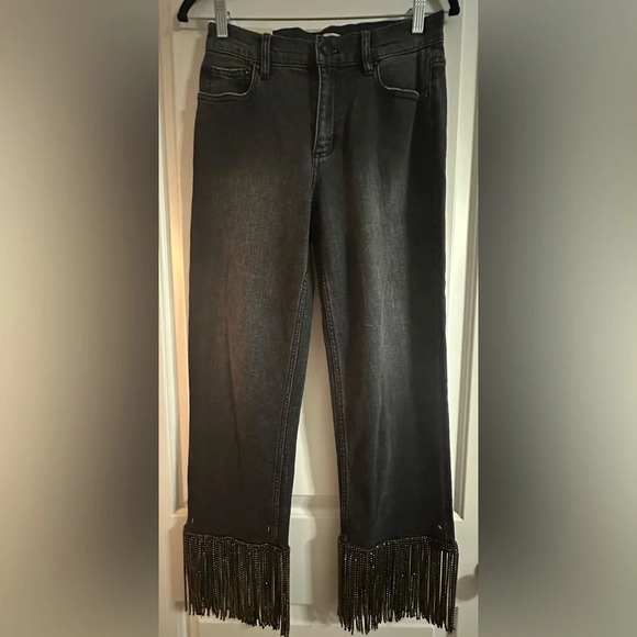 Alice + Olivia Amazing Crystal Fringe Hem Jean Size 26 Maya Charcoal Black - Picture 7 of 14